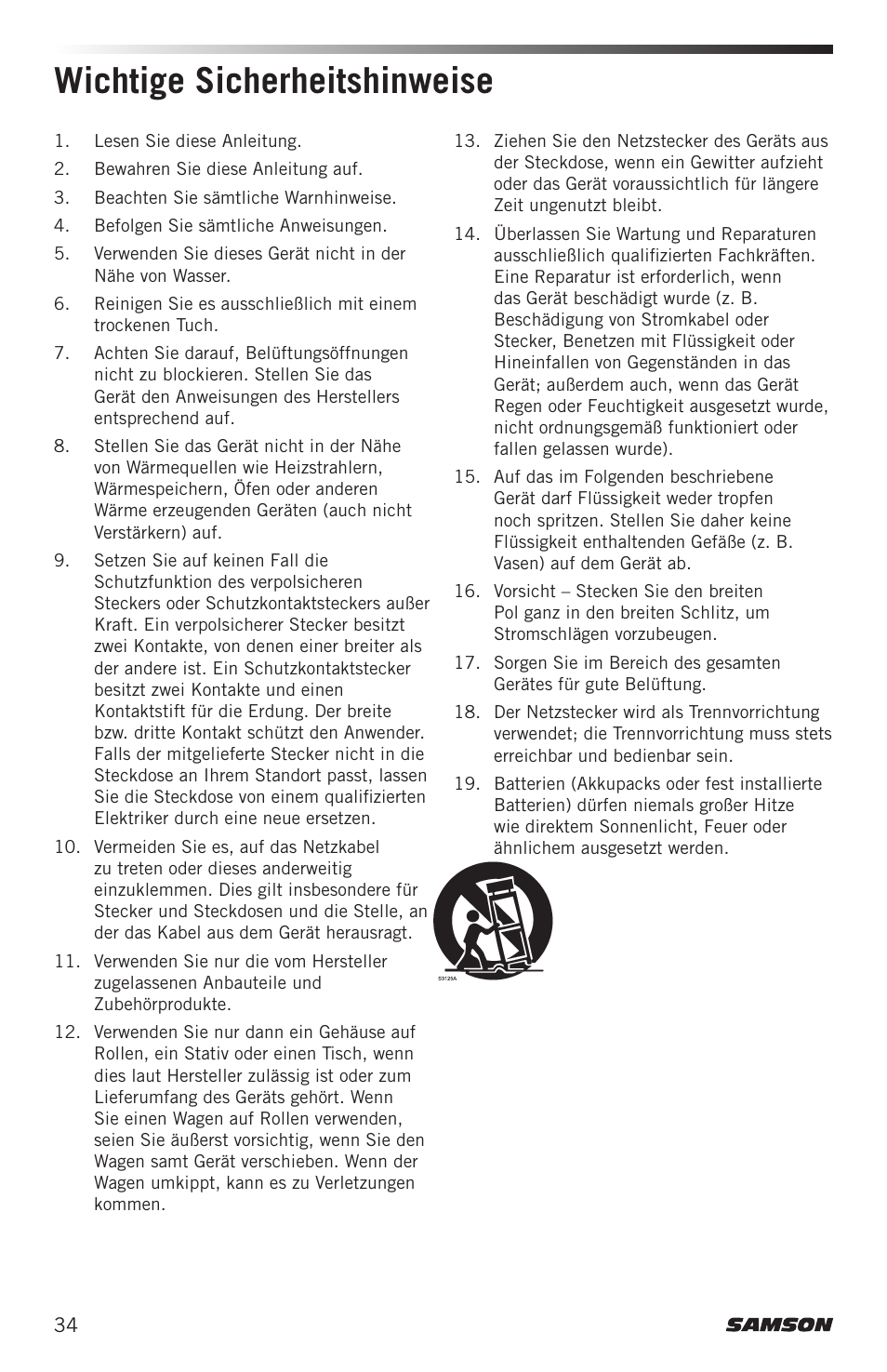 Wichtige sicherheitshinweise | Samson Airline ALX Wireless UHF Lavalier System (K: 470 to 494 MHz) User Manual | Page 34 / 80