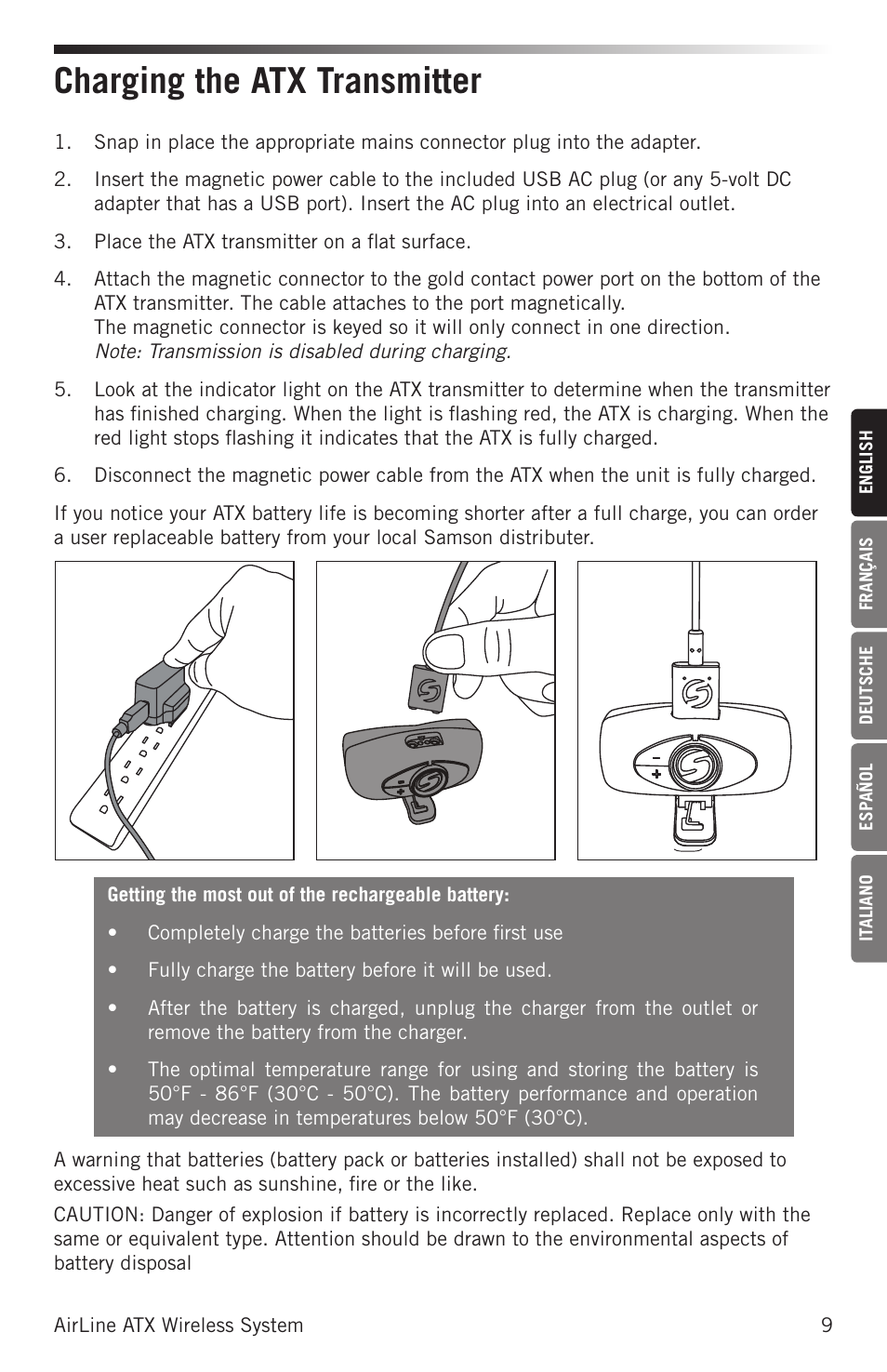 Charging the atx transmitter | Samson Airline ALX Wireless UHF Lavalier System (K: 470 to 494 MHz) User Manual | Page 9 / 80