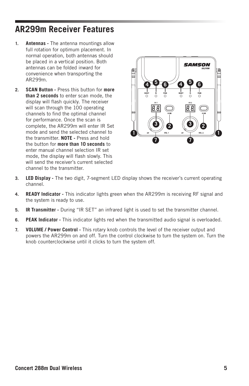 Ar299m receiver features | Samson Concert 288m Presentation Dual-Channel Wireless Lavalier & Headset Microphone System (D: 542 to 566 MHz) User Manual | Page 5 / 16