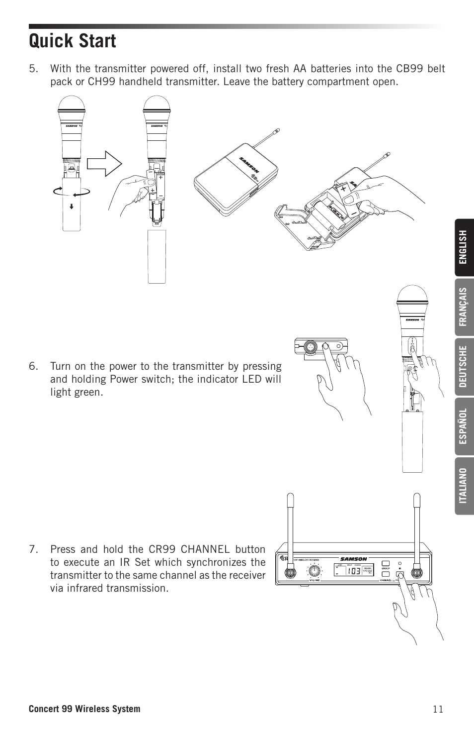 Quick start | Samson Concert 99 Presentation Frequency-Agile UHF Wireless System (K: 470-494 MHz) User Manual | Page 11 / 84