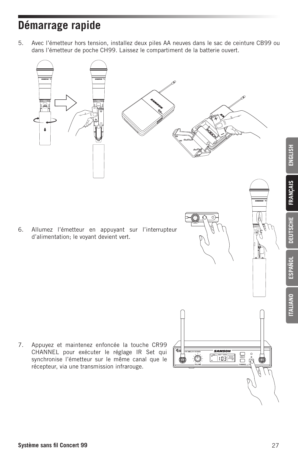 Démarrage rapide | Samson Concert 99 Presentation Frequency-Agile UHF Wireless System (K: 470-494 MHz) User Manual | Page 27 / 84