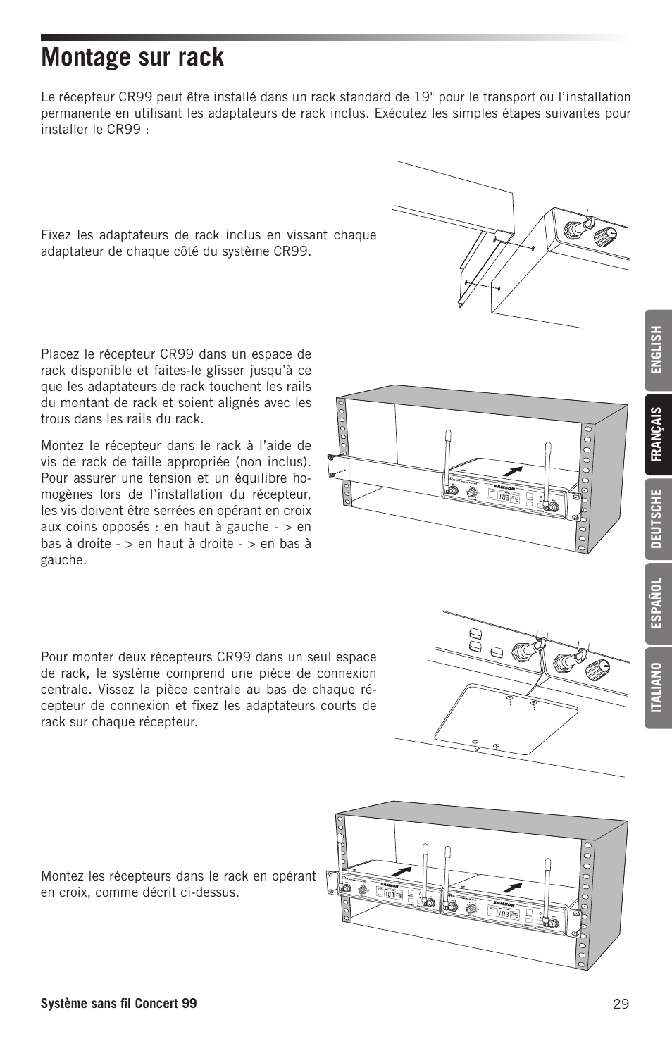 Montage sur rack | Samson Concert 99 Presentation Frequency-Agile UHF Wireless System (K: 470-494 MHz) User Manual | Page 29 / 84