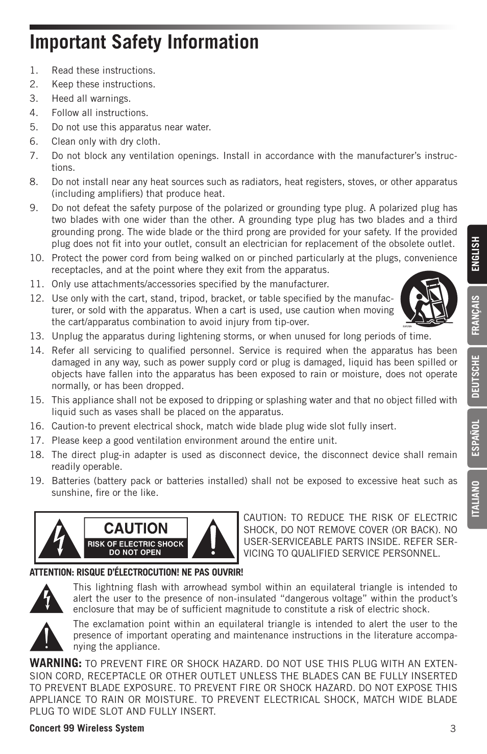 Important safety information, Warning | Samson Concert 99 Presentation Frequency-Agile UHF Wireless System (K: 470-494 MHz) User Manual | Page 3 / 84