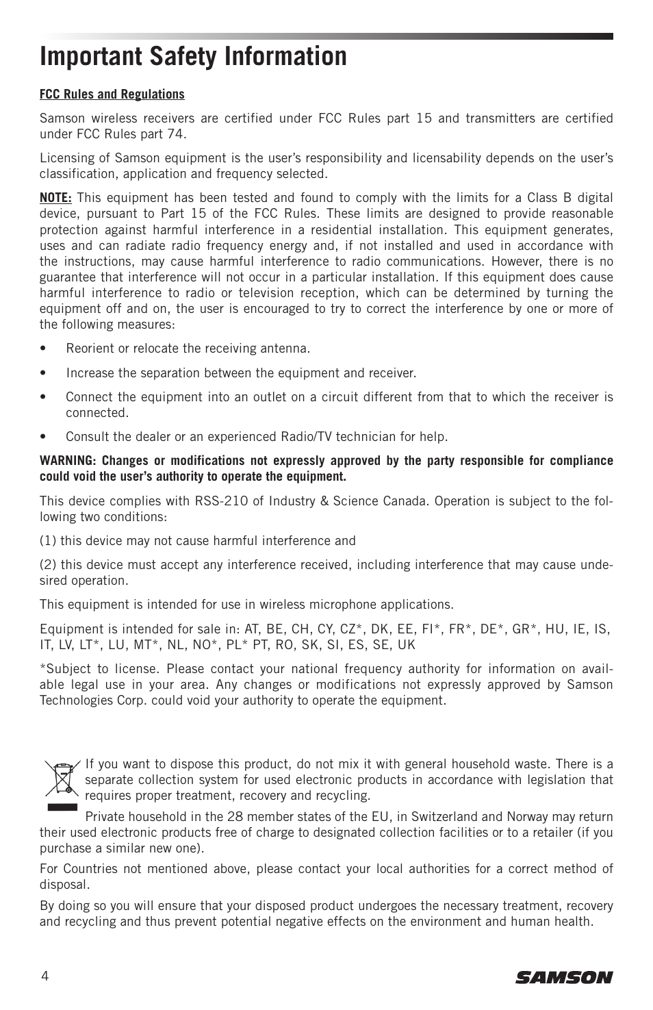 Important safety information | Samson Concert 99 Presentation Frequency-Agile UHF Wireless System (K: 470-494 MHz) User Manual | Page 4 / 84