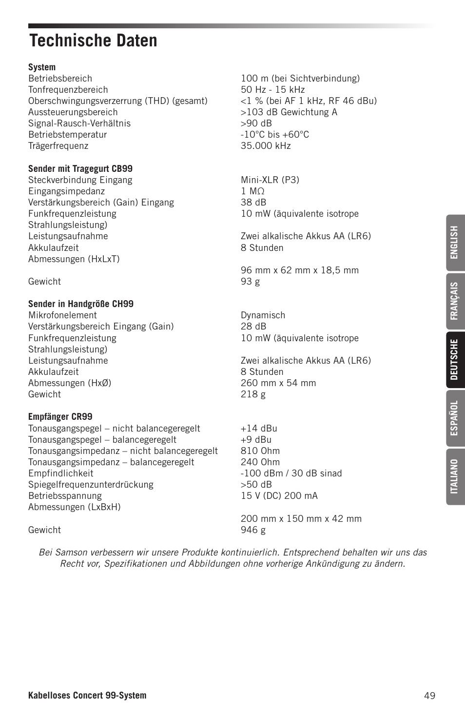 Technische daten | Samson Concert 99 Presentation Frequency-Agile UHF Wireless System (K: 470-494 MHz) User Manual | Page 49 / 84