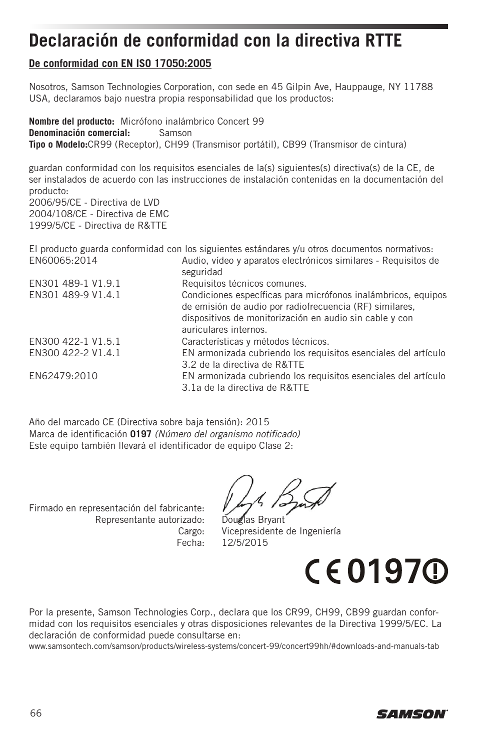 Declaración de conformidad con la directiva rtte | Samson Concert 99 Presentation Frequency-Agile UHF Wireless System (K: 470-494 MHz) User Manual | Page 66 / 84
