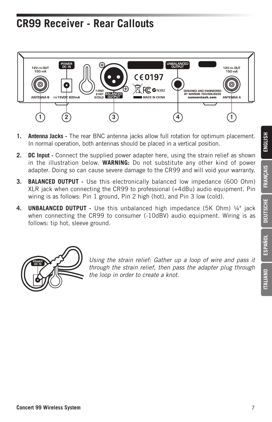 Cr99 receiver - rear callouts | Samson Concert 99 Presentation Frequency-Agile UHF Wireless System (K: 470-494 MHz) User Manual | Page 7 / 84