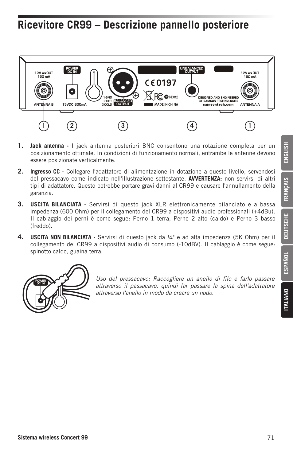 Ricevitore cr99 – descrizione pannello posteriore | Samson Concert 99 Presentation Frequency-Agile UHF Wireless System (K: 470-494 MHz) User Manual | Page 71 / 84