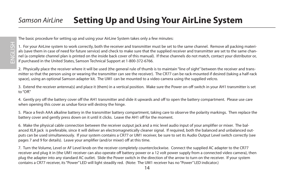 Setting up and using your airline system, Samson airline, English | Samson AirLine 77 Wind Instrument True Diversity UHF Wireless System (K2: 490.975 MHz) User Manual | Page 16 / 72