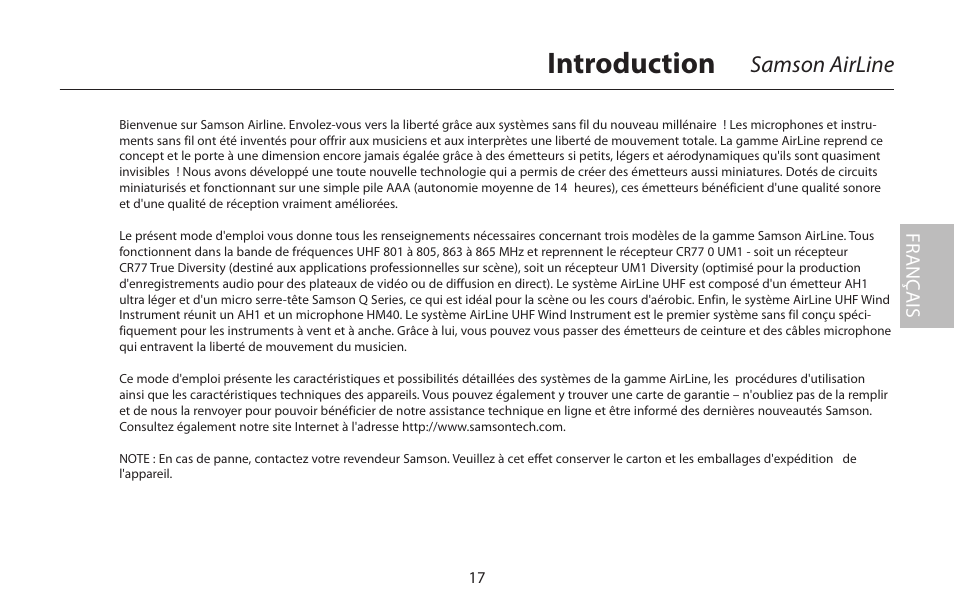 Introduction, Samson airline, Fr anç ais | Samson AirLine 77 Wind Instrument True Diversity UHF Wireless System (K2: 490.975 MHz) User Manual | Page 19 / 72