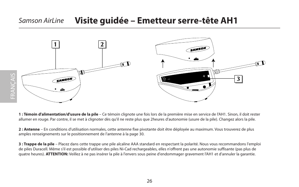 Visite guidée – emetteur serre-tête ah1, Samson airline, Fr anç ais | Samson AirLine 77 Wind Instrument True Diversity UHF Wireless System (K2: 490.975 MHz) User Manual | Page 28 / 72