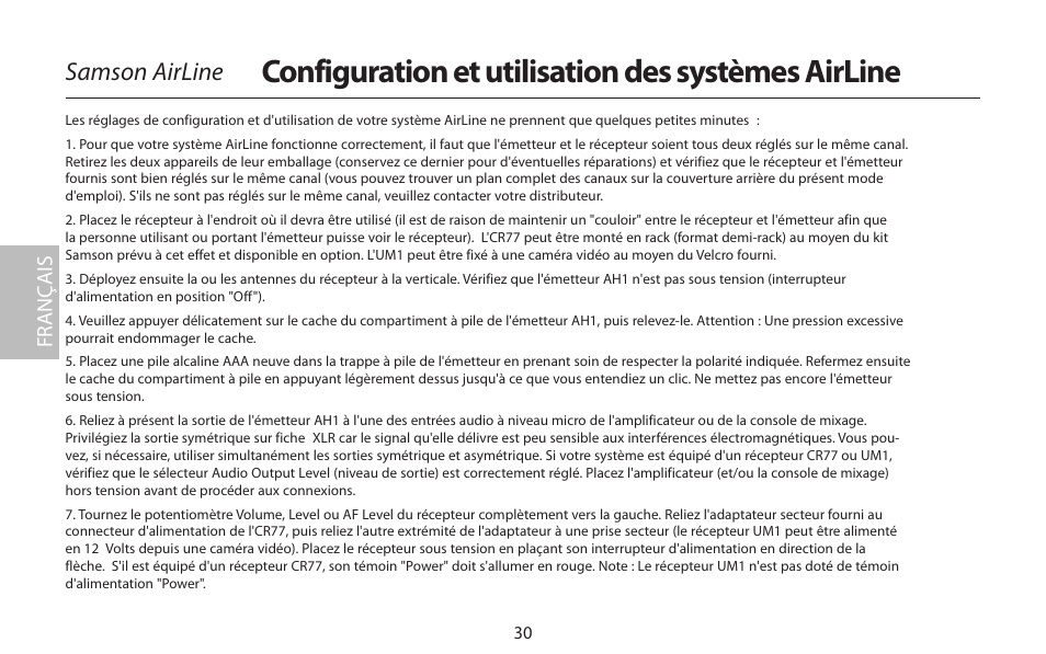 Configuration et utilisation des systèmes airline, Samson airline, Fr anç ais | Samson AirLine 77 Wind Instrument True Diversity UHF Wireless System (K2: 490.975 MHz) User Manual | Page 32 / 72
