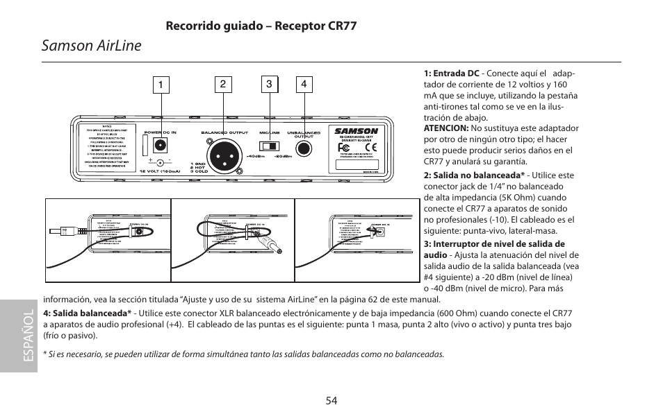 Samson airline, Esp añol, Recorrido guiado – receptor cr77 | Samson AirLine 77 Wind Instrument True Diversity UHF Wireless System (K2: 490.975 MHz) User Manual | Page 56 / 72