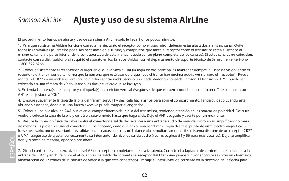 Ajuste y uso de su sistema airline, Samson airline, Esp añol | Samson AirLine 77 Wind Instrument True Diversity UHF Wireless System (K2: 490.975 MHz) User Manual | Page 64 / 72