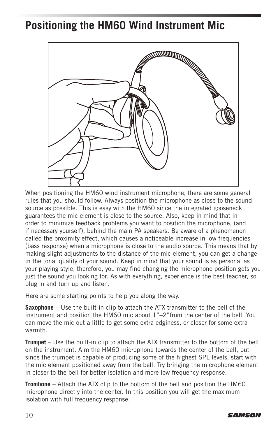Positioning the hm60 wind instrument mic | Samson AirLine AHX Wireless UHF Fitness Headset System (D: 542 to 566 MHz) User Manual | Page 10 / 80