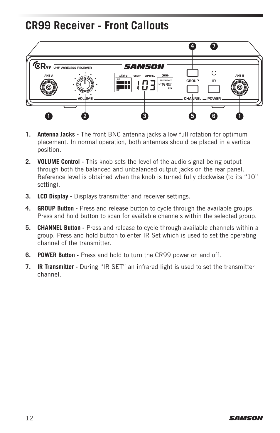 Cr99 receiver - front callouts | Samson AirLine AHX Wireless UHF Fitness Headset System (D: 542 to 566 MHz) User Manual | Page 12 / 80