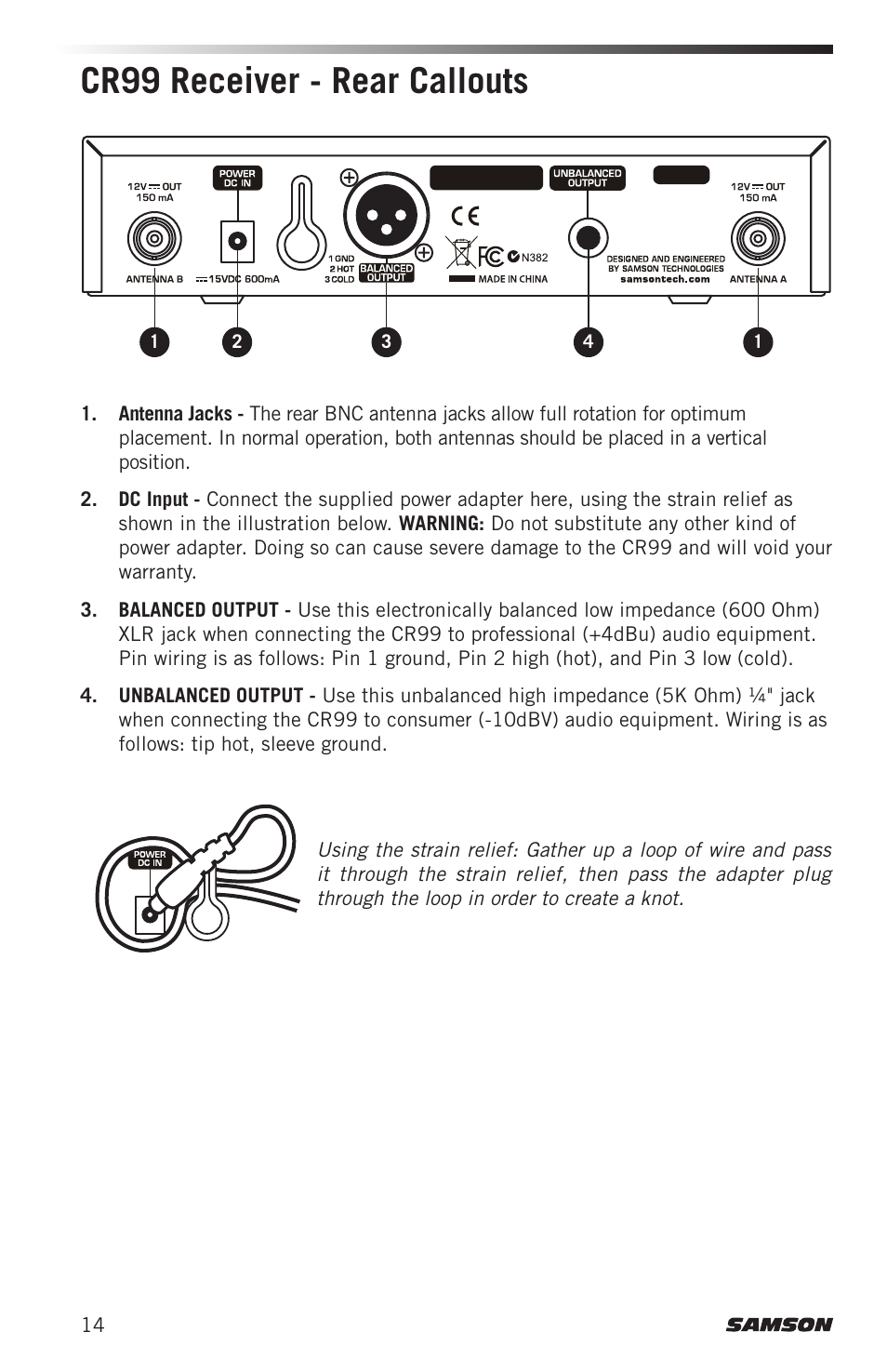 Cr99 receiver - rear callouts | Samson AirLine AHX Wireless UHF Fitness Headset System (D: 542 to 566 MHz) User Manual | Page 14 / 80