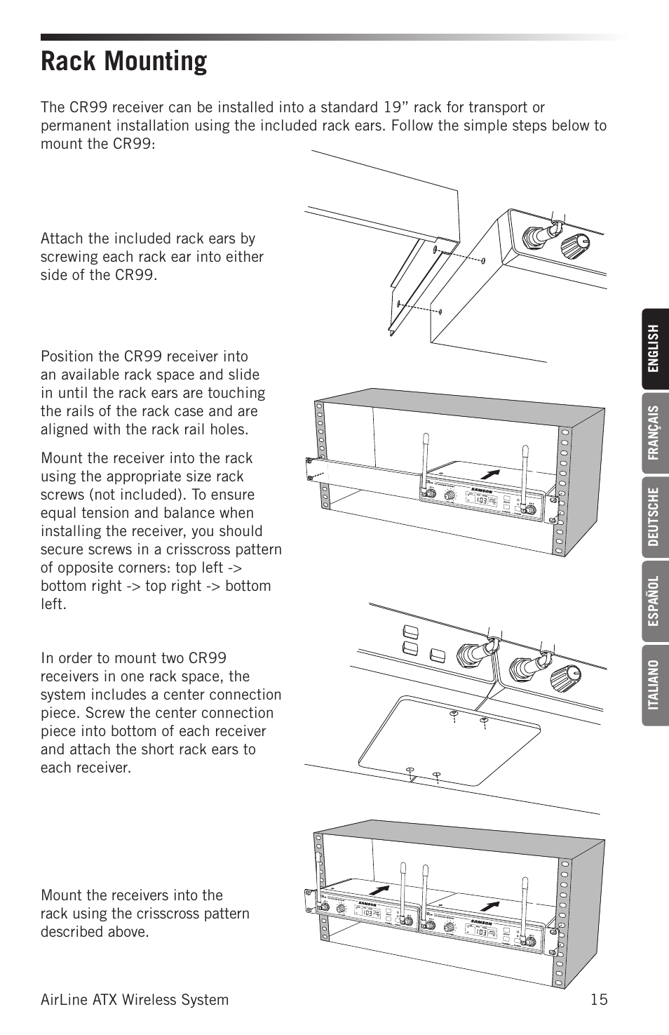 Rack mounting | Samson AirLine AHX Wireless UHF Fitness Headset System (D: 542 to 566 MHz) User Manual | Page 15 / 80