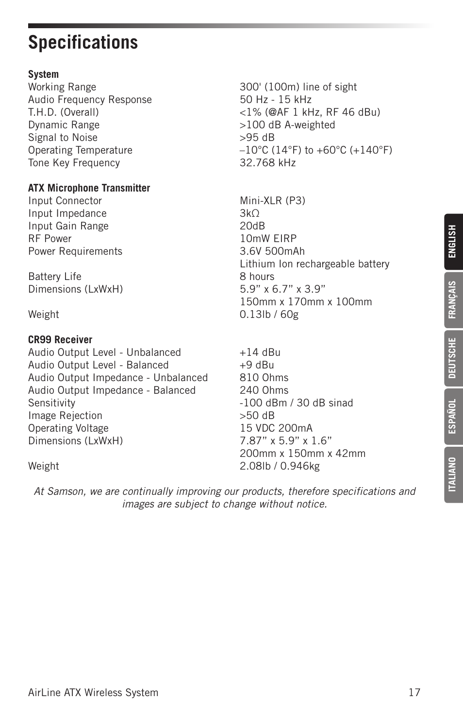Specifications | Samson AirLine AHX Wireless UHF Fitness Headset System (D: 542 to 566 MHz) User Manual | Page 17 / 80