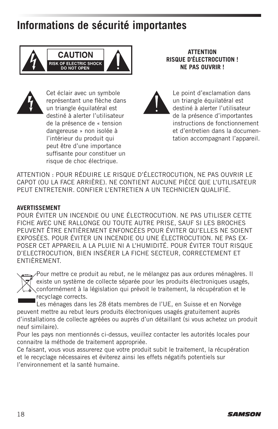 Informations de sécurité importantes | Samson AirLine AHX Wireless UHF Fitness Headset System (D: 542 to 566 MHz) User Manual | Page 18 / 80