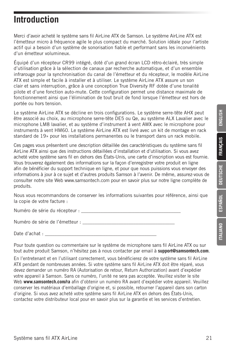 Introduction | Samson AirLine AHX Wireless UHF Fitness Headset System (D: 542 to 566 MHz) User Manual | Page 21 / 80