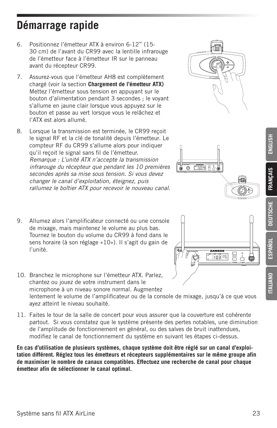 Démarrage rapide | Samson AirLine AHX Wireless UHF Fitness Headset System (D: 542 to 566 MHz) User Manual | Page 23 / 80