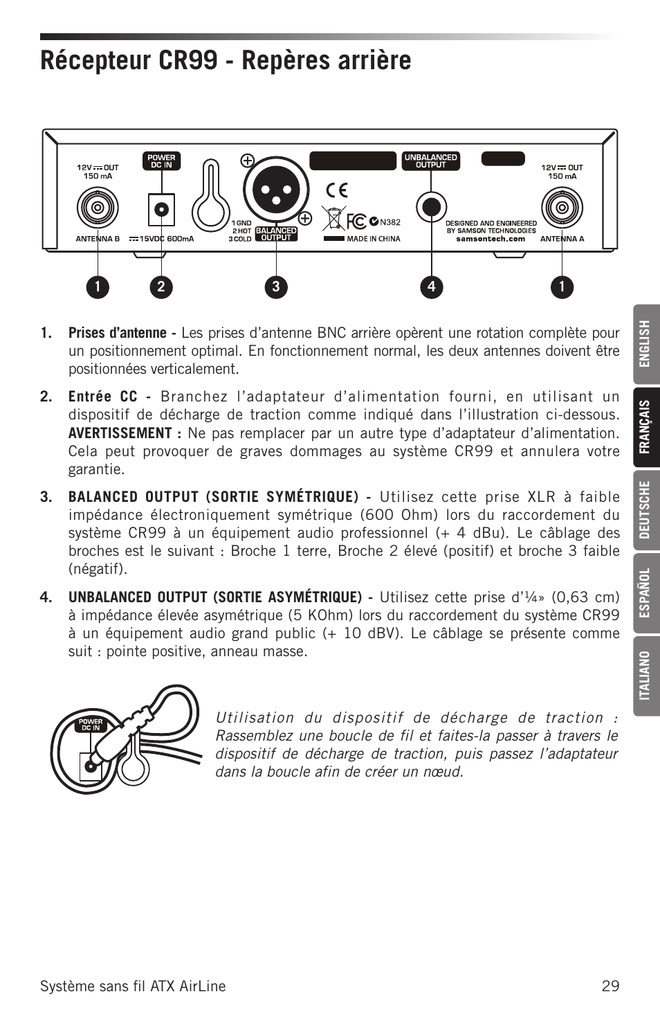 Récepteur cr99 - repères arrière | Samson AirLine AHX Wireless UHF Fitness Headset System (D: 542 to 566 MHz) User Manual | Page 29 / 80