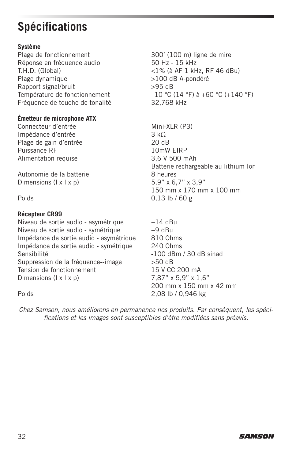 Spécifications | Samson AirLine AHX Wireless UHF Fitness Headset System (D: 542 to 566 MHz) User Manual | Page 32 / 80