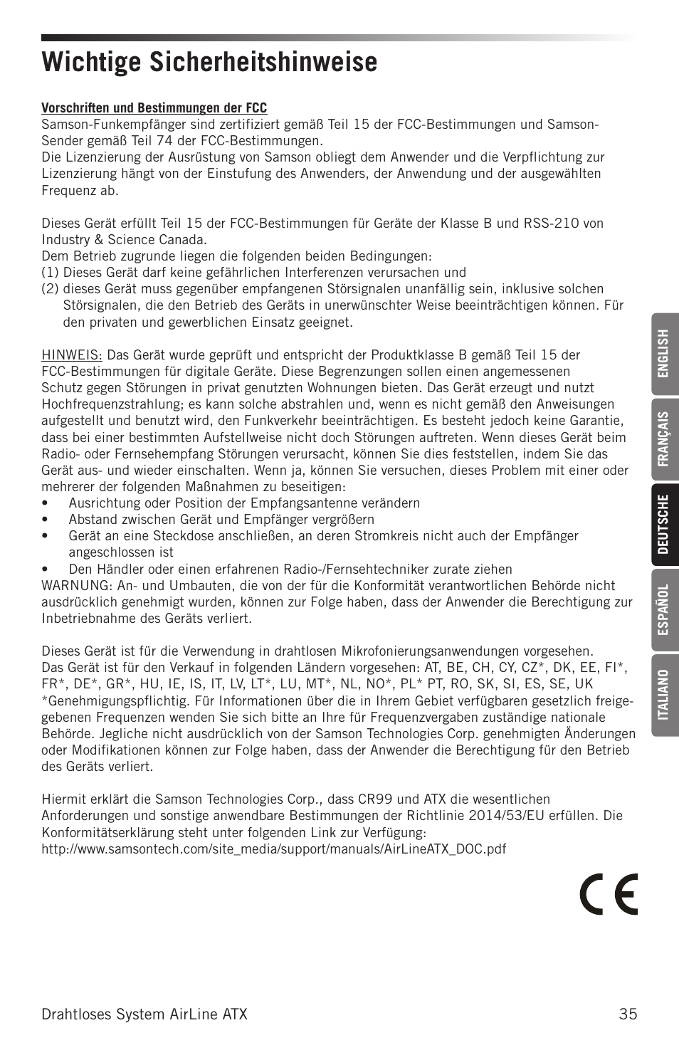Wichtige sicherheitshinweise | Samson AirLine AHX Wireless UHF Fitness Headset System (D: 542 to 566 MHz) User Manual | Page 35 / 80
