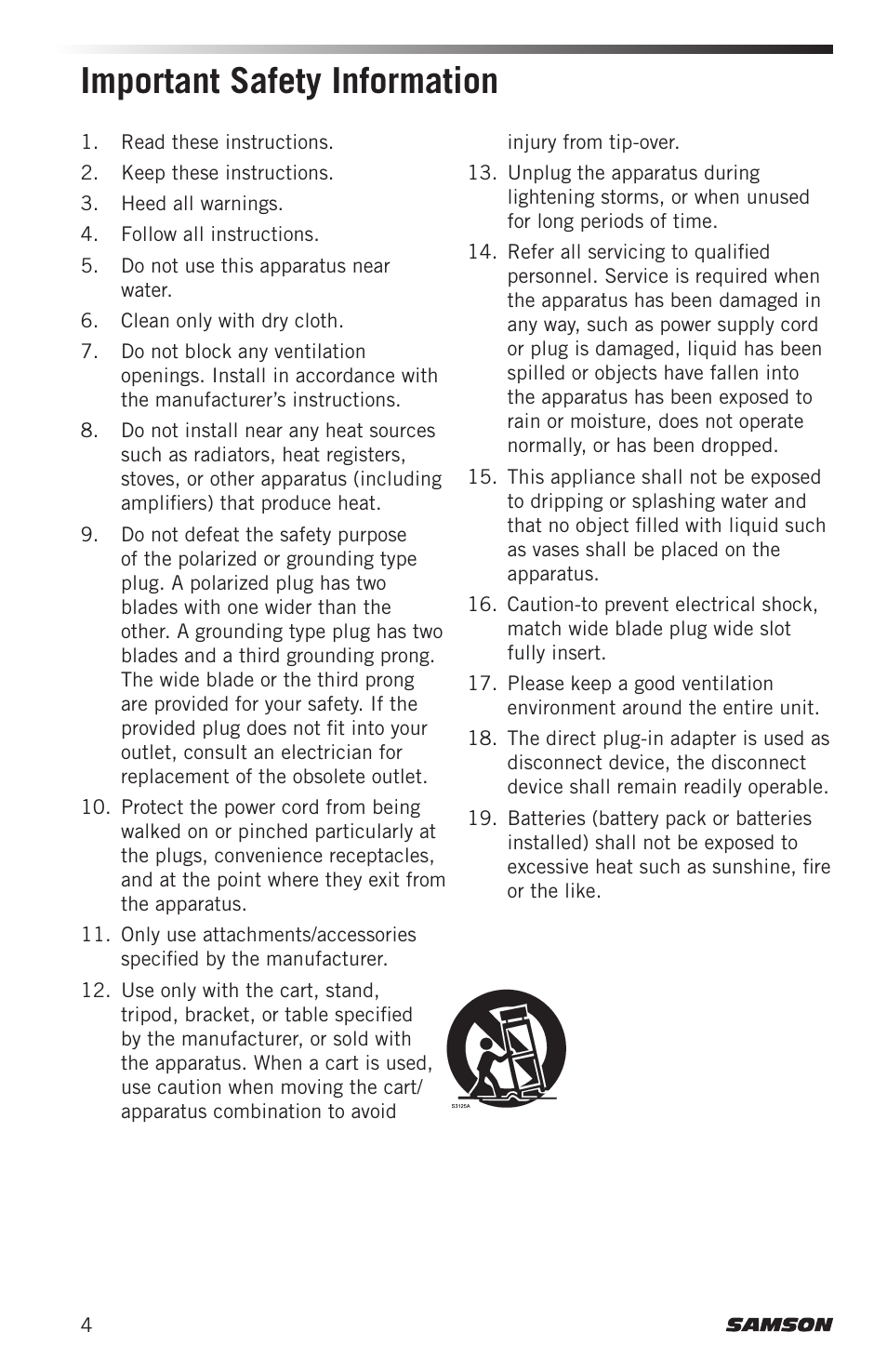 Important safety information | Samson AirLine AHX Wireless UHF Fitness Headset System (D: 542 to 566 MHz) User Manual | Page 4 / 80