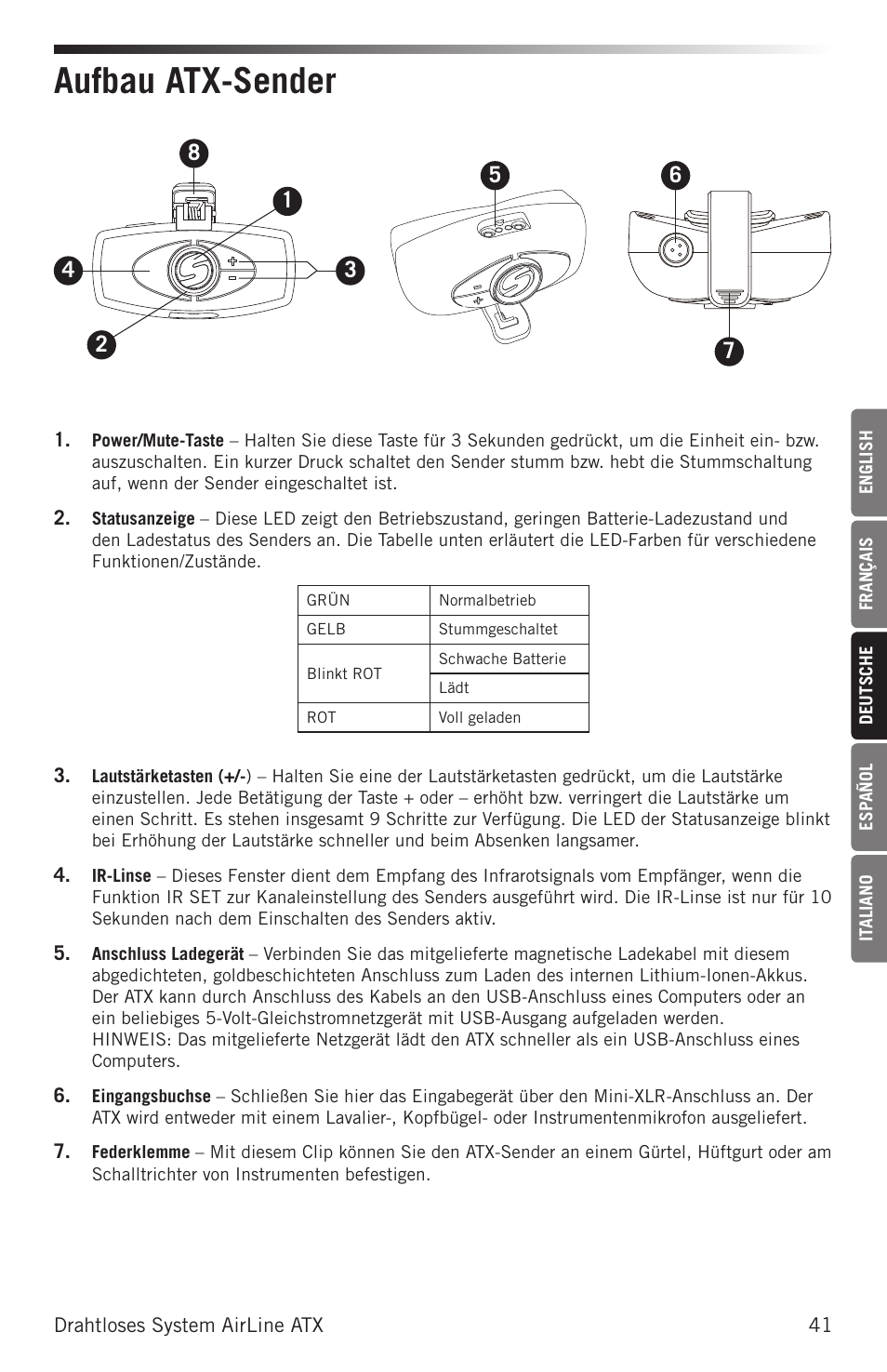 Aufbau atx-sender | Samson AirLine AHX Wireless UHF Fitness Headset System (D: 542 to 566 MHz) User Manual | Page 41 / 80