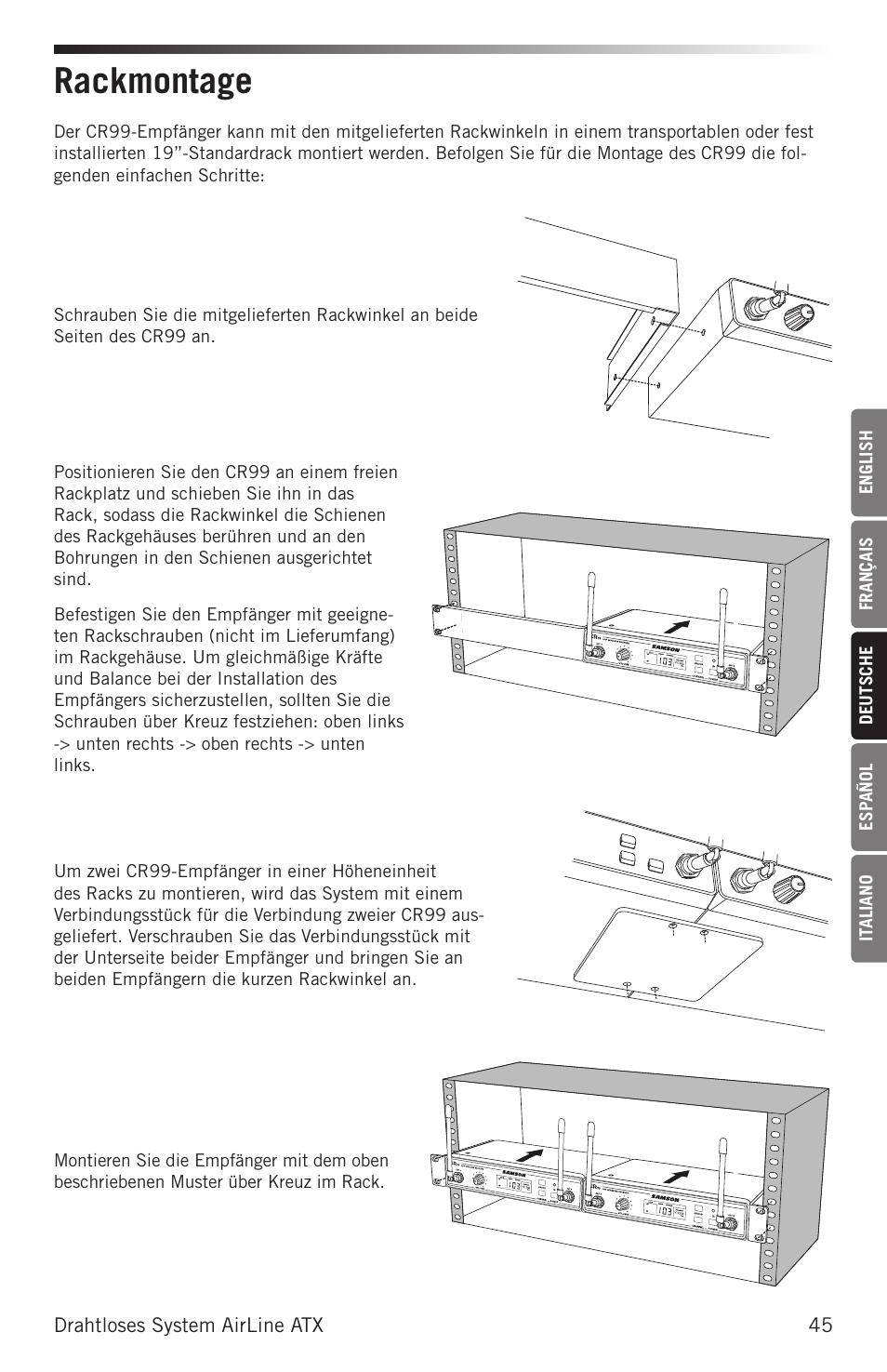 Rackmontage | Samson AirLine AHX Wireless UHF Fitness Headset System (D: 542 to 566 MHz) User Manual | Page 45 / 80