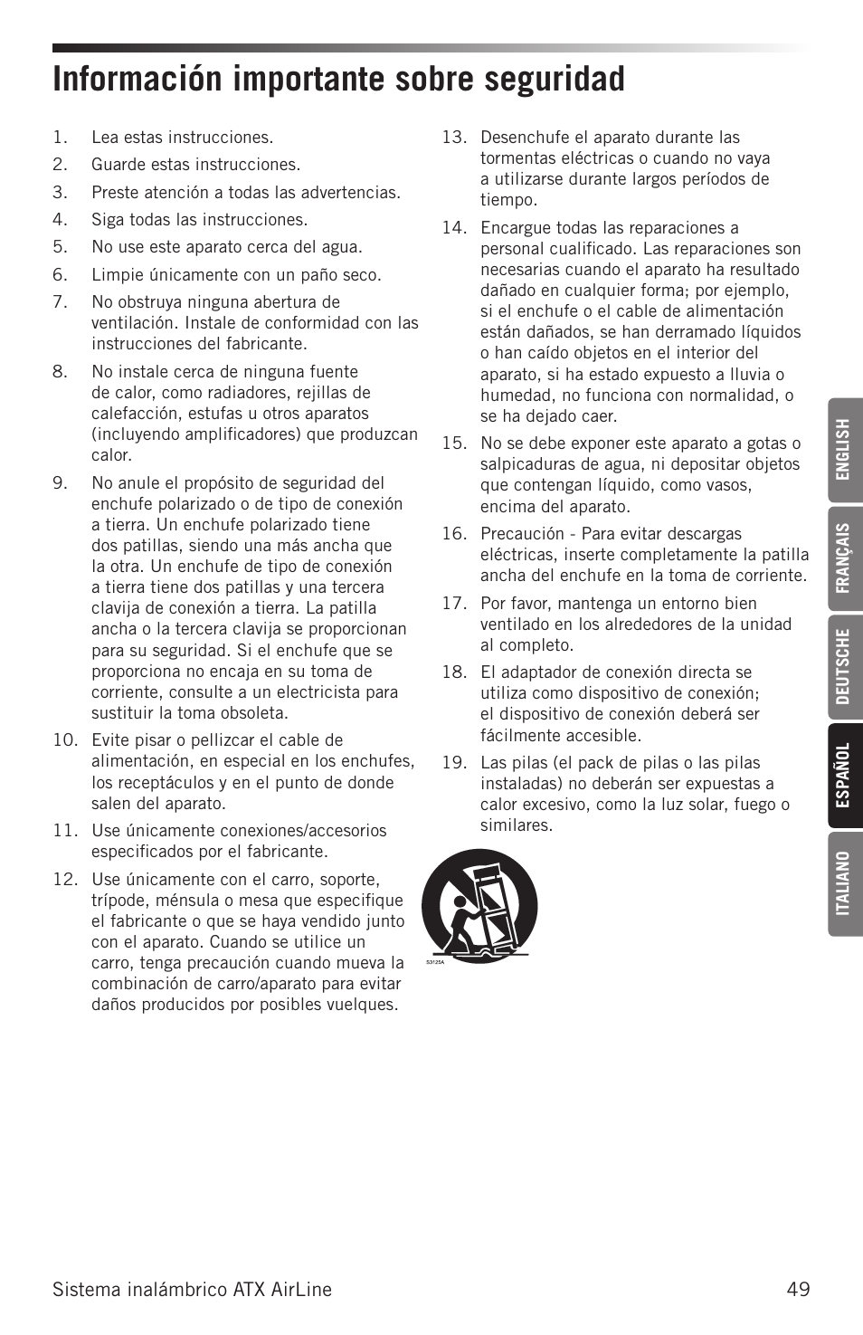 Información importante sobre seguridad | Samson AirLine AHX Wireless UHF Fitness Headset System (D: 542 to 566 MHz) User Manual | Page 49 / 80