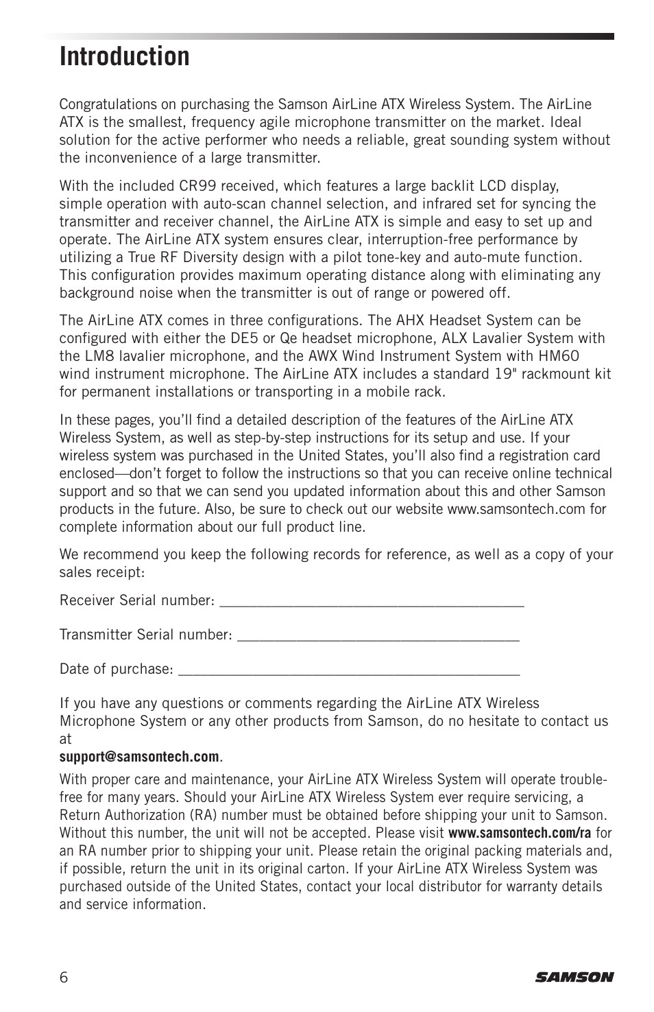 Introduction | Samson AirLine AHX Wireless UHF Fitness Headset System (D: 542 to 566 MHz) User Manual | Page 6 / 80
