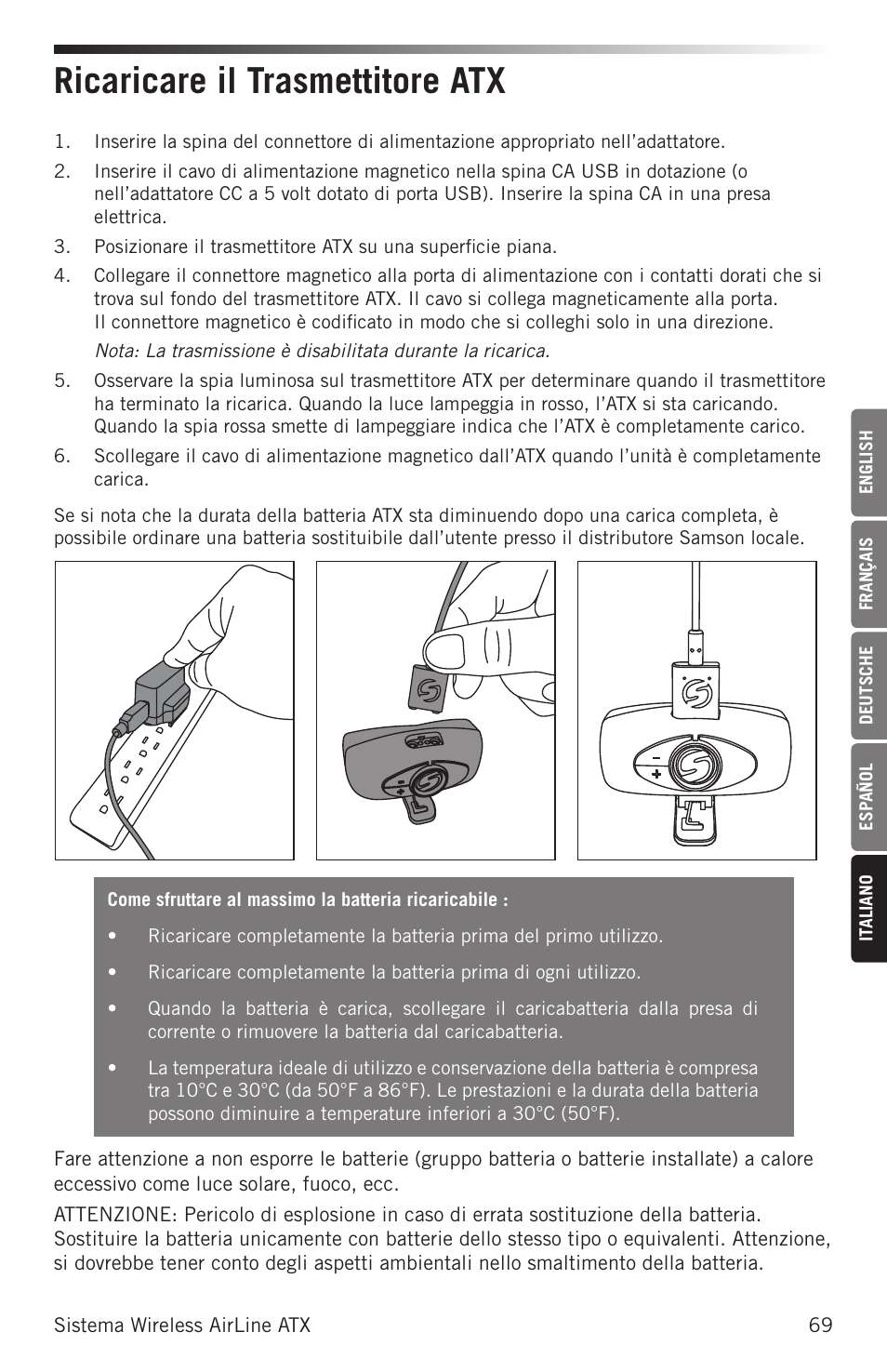 Ricaricare il trasmettitore atx | Samson AirLine AHX Wireless UHF Fitness Headset System (D: 542 to 566 MHz) User Manual | Page 69 / 80