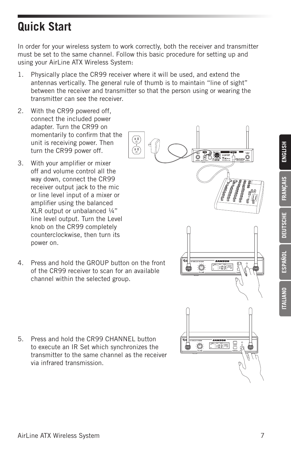 Quick start | Samson AirLine AHX Wireless UHF Fitness Headset System (D: 542 to 566 MHz) User Manual | Page 7 / 80