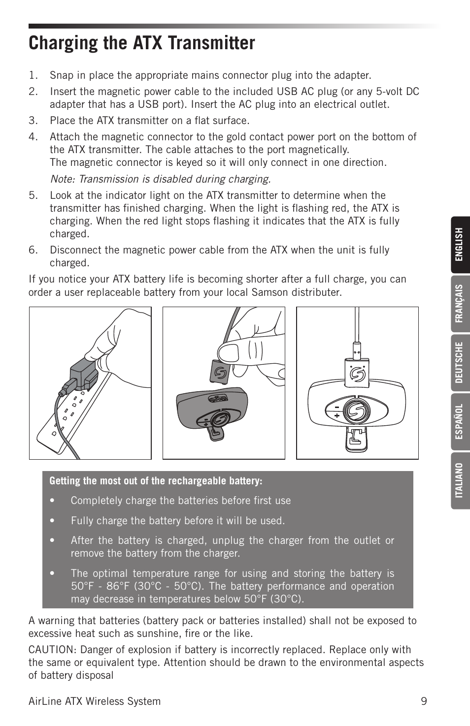 Charging the atx transmitter | Samson AirLine AHX Wireless UHF Fitness Headset System (D: 542 to 566 MHz) User Manual | Page 9 / 80