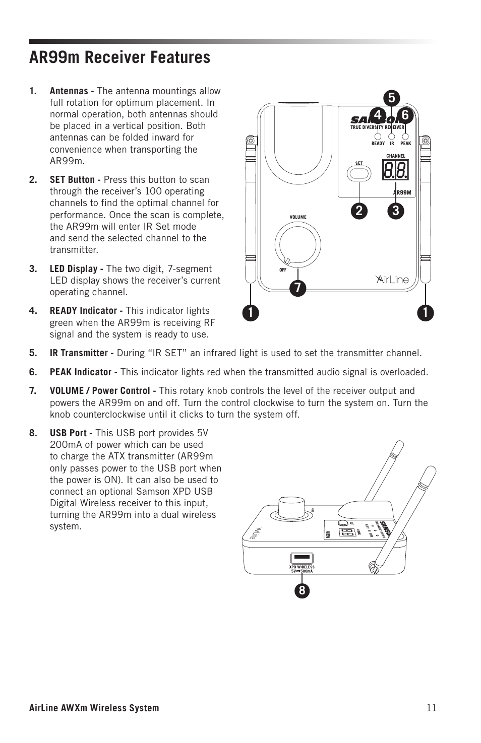 Ar99m receiver features | Samson AirLine AWXm Micro UHF Wind Instrument Wireless System (K: 470 to 494 MHz) User Manual | Page 11 / 16