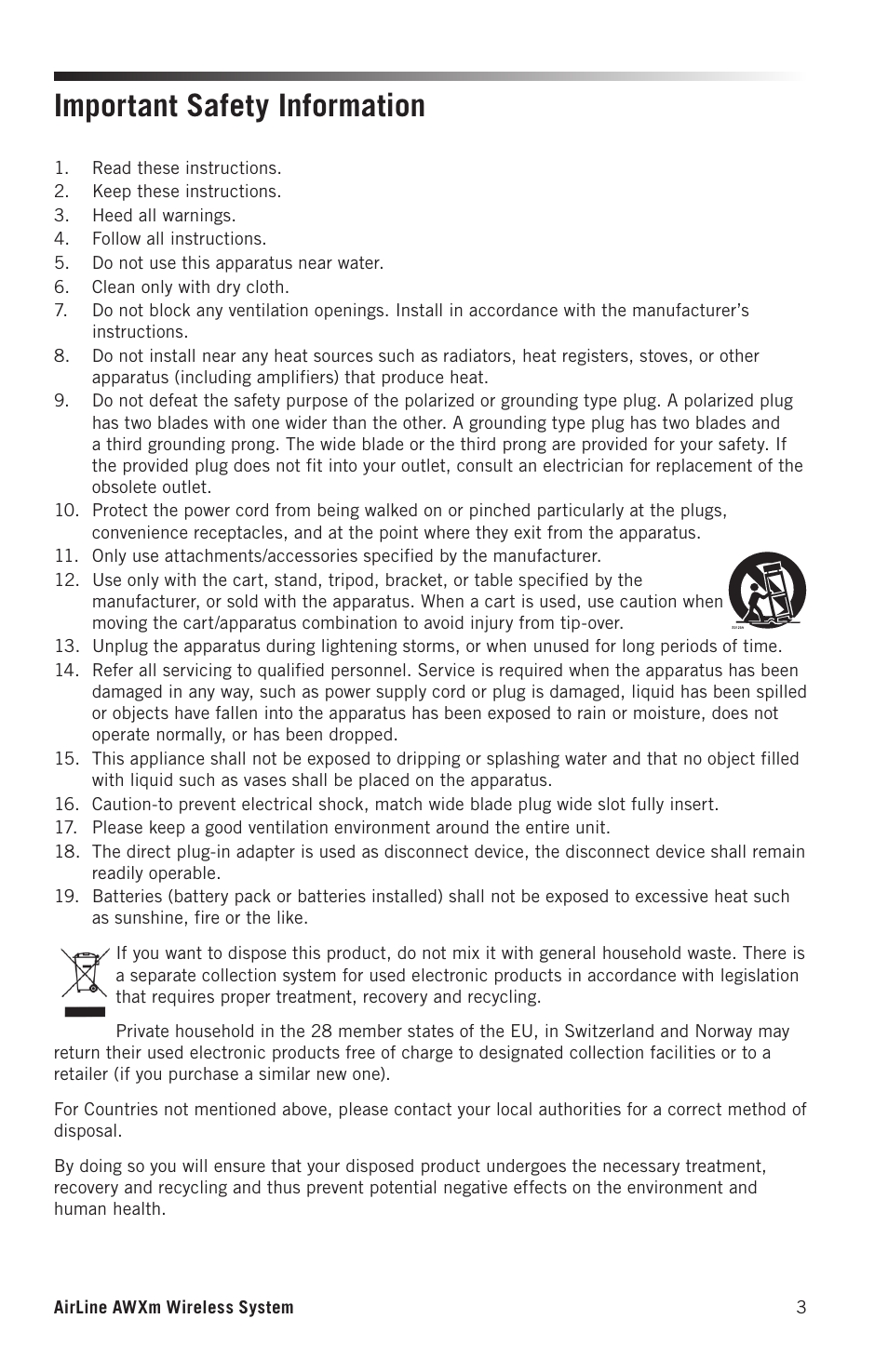 Important safety information | Samson AirLine AWXm Micro UHF Wind Instrument Wireless System (K: 470 to 494 MHz) User Manual | Page 3 / 16