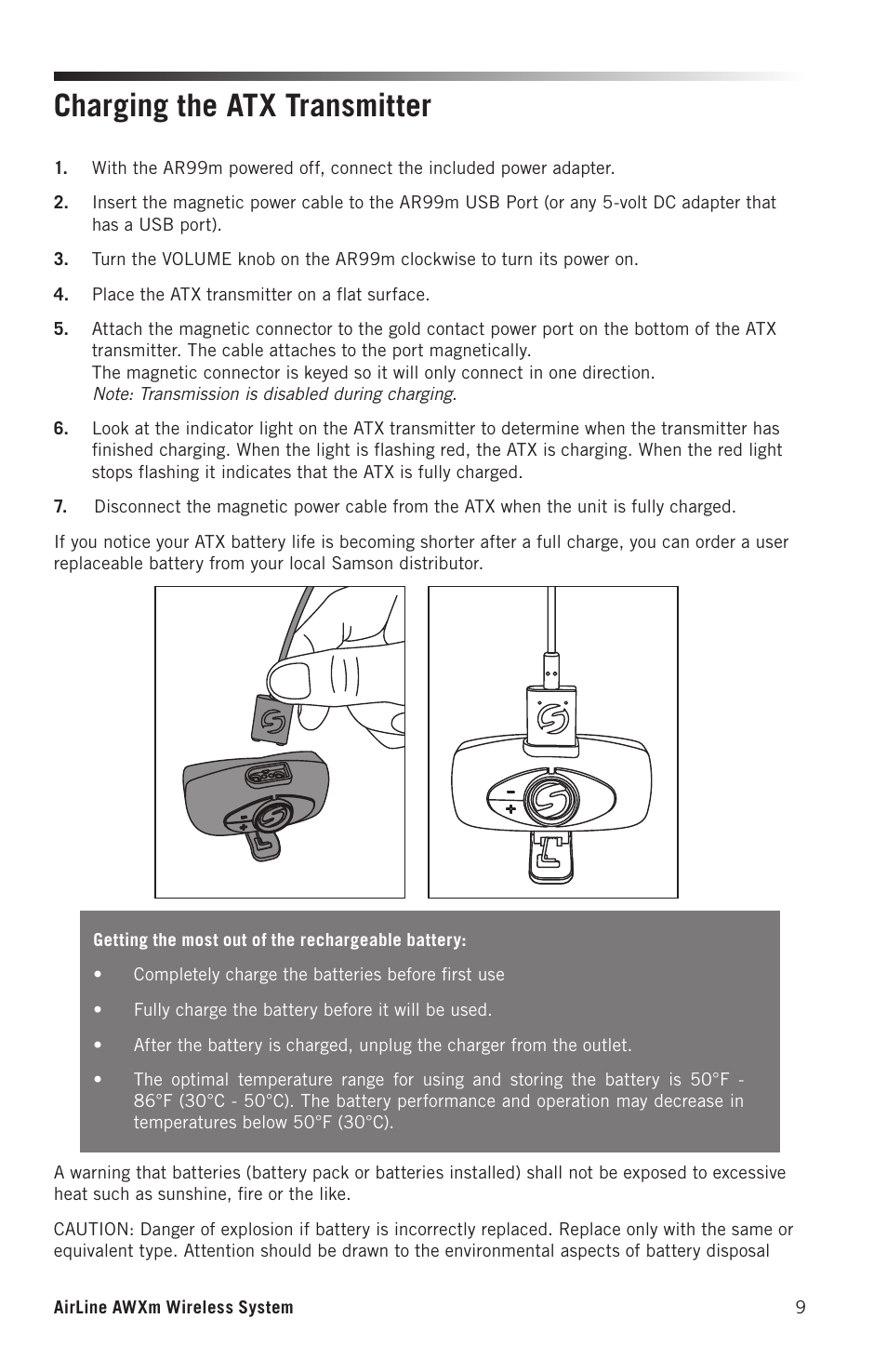Charging the atx transmitter | Samson AirLine AWXm Micro UHF Wind Instrument Wireless System (K: 470 to 494 MHz) User Manual | Page 9 / 16