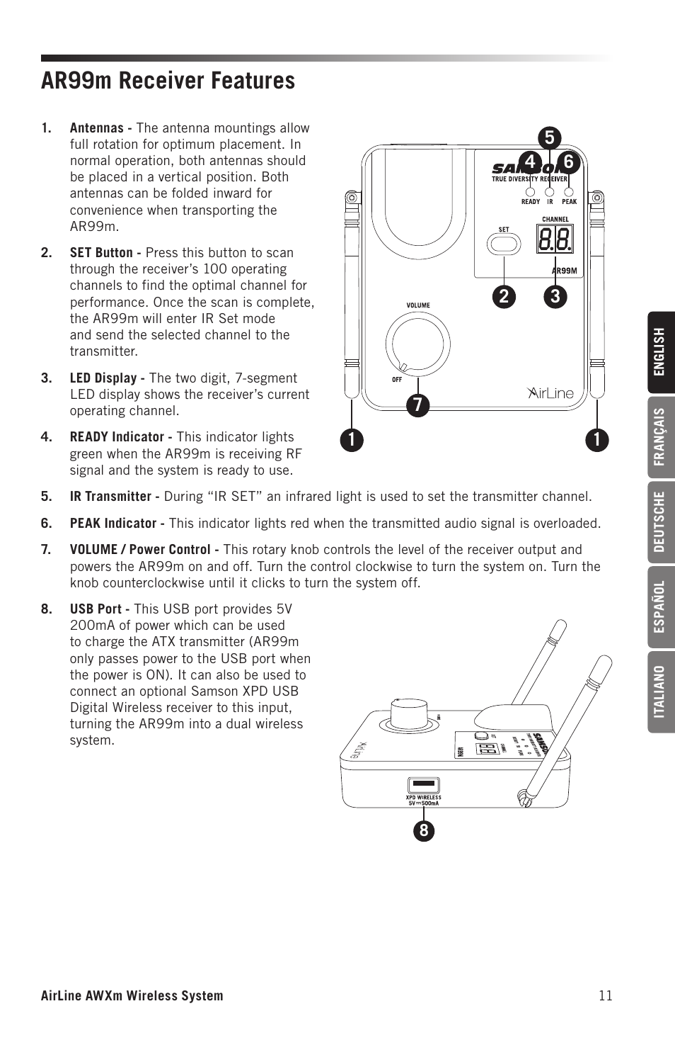 Ar99m receiver features | Samson AirLine AWXm Micro UHF Wind Instrument Wireless System (D: 542 to 566 MHz) User Manual | Page 11 / 68