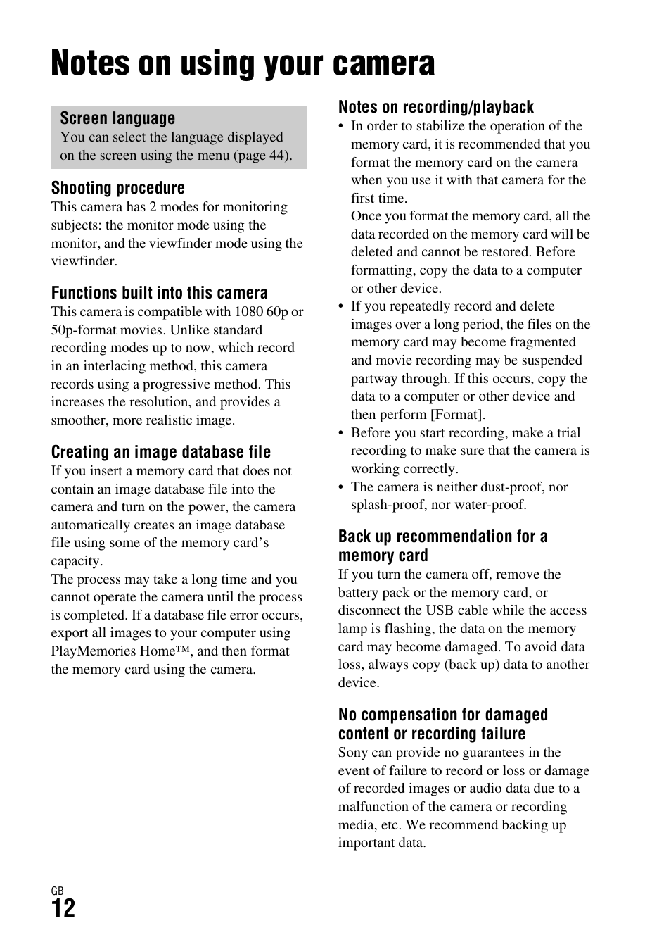 Before use, Notes on using your camera | Sony Battery and Travel DC Charger Kit with NP-BX1 Battery User Manual | Page 12 / 92