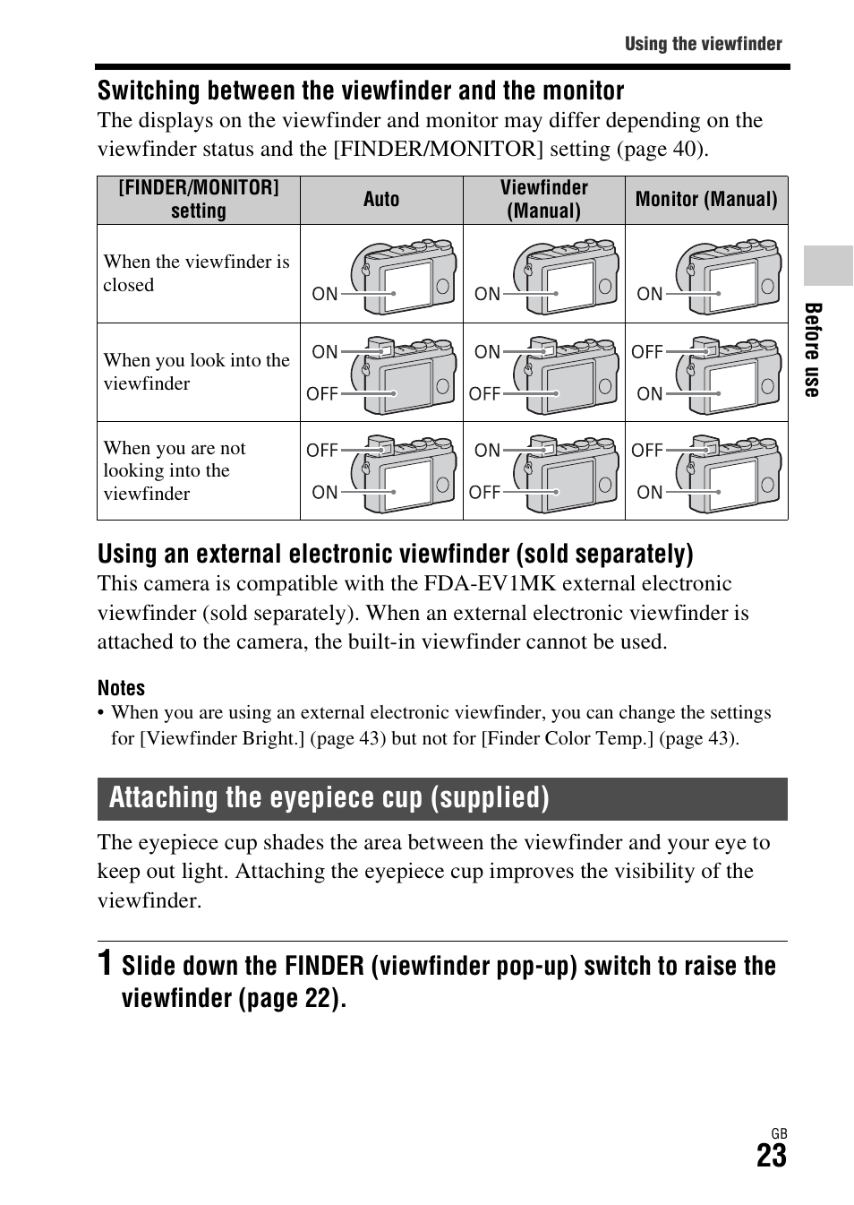 Attaching the eyepiece cup (supplied), Switching between the viewfinder and the monitor | Sony Battery and Travel DC Charger Kit with NP-BX1 Battery User Manual | Page 23 / 92