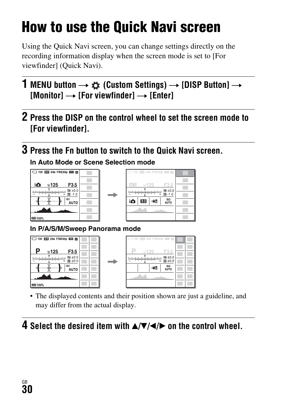 How to use the quick navi screen | Sony Battery and Travel DC Charger Kit with NP-BX1 Battery User Manual | Page 30 / 92