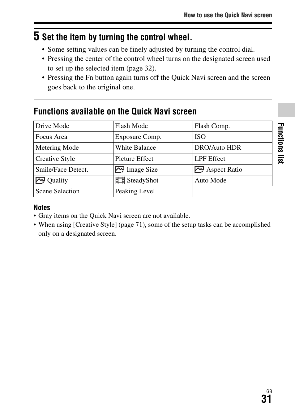 Functions available on the quick navi screen, Set the item by turning the control wheel | Sony Battery and Travel DC Charger Kit with NP-BX1 Battery User Manual | Page 31 / 92