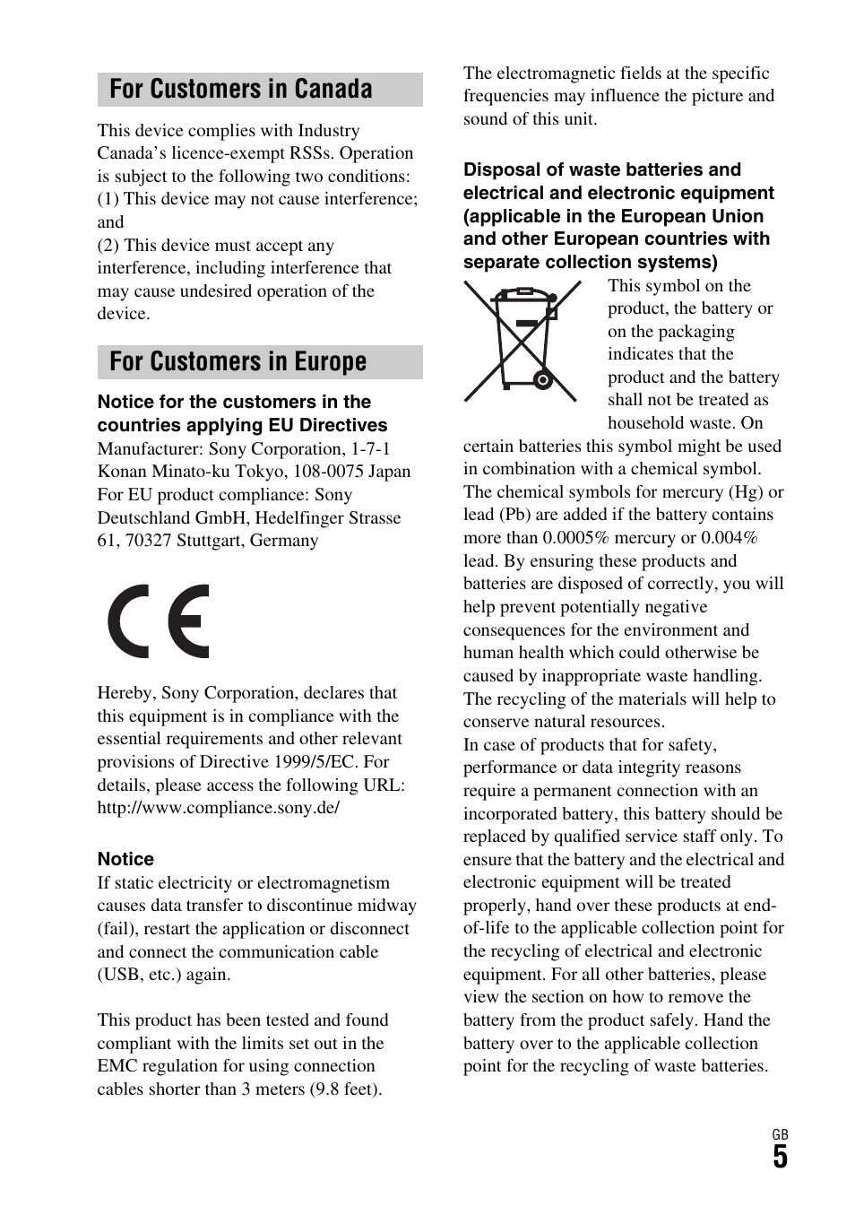 For customers in canada for customers in europe | Sony Battery and Travel DC Charger Kit with NP-BX1 Battery User Manual | Page 5 / 92