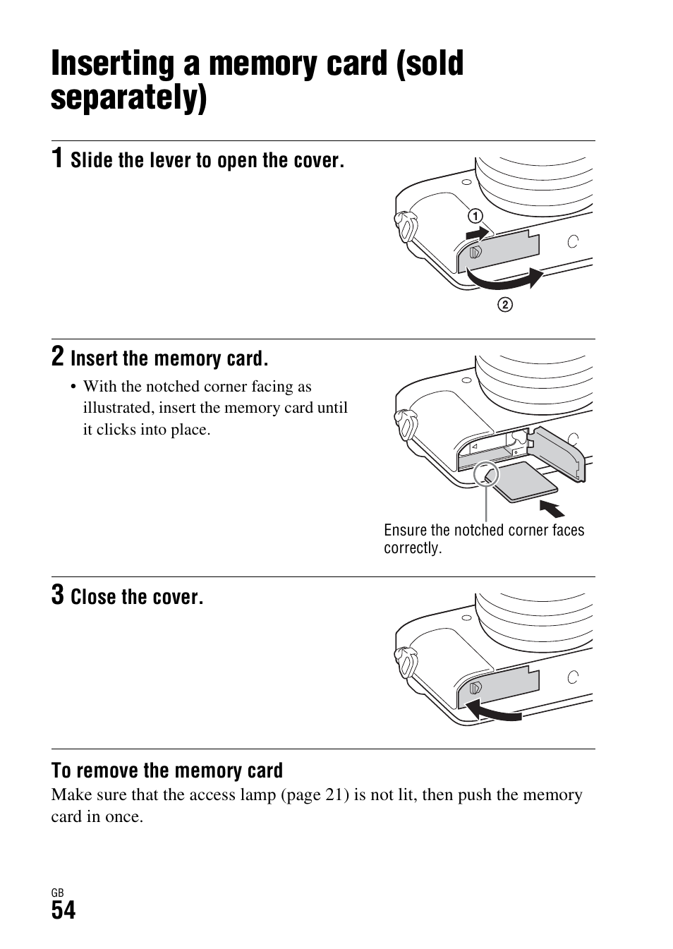 Inserting a memory card (sold separately), D (54) | Sony Battery and Travel DC Charger Kit with NP-BX1 Battery User Manual | Page 54 / 92