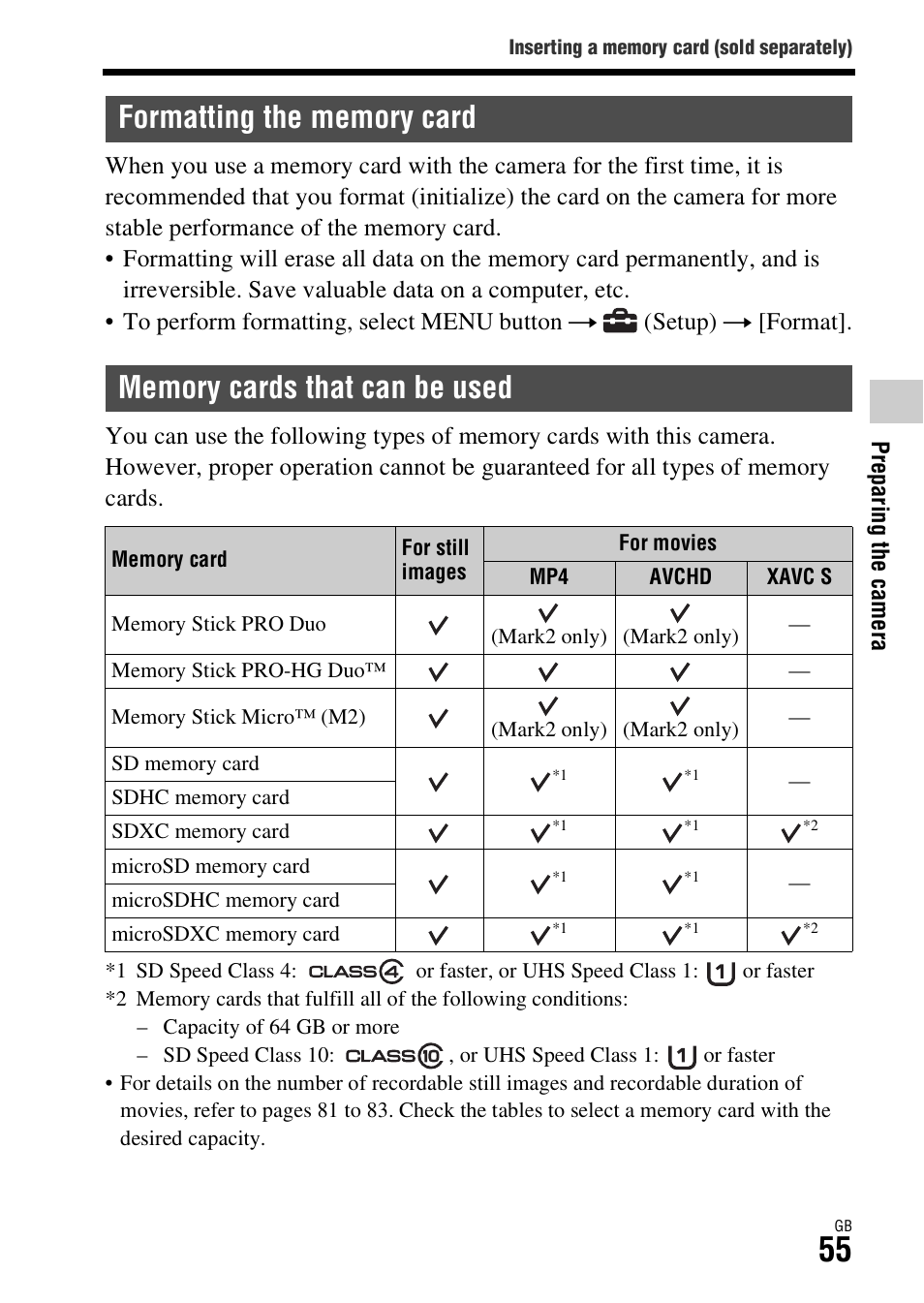 Formatting the memory card, Memory cards that can be used | Sony Battery and Travel DC Charger Kit with NP-BX1 Battery User Manual | Page 55 / 92