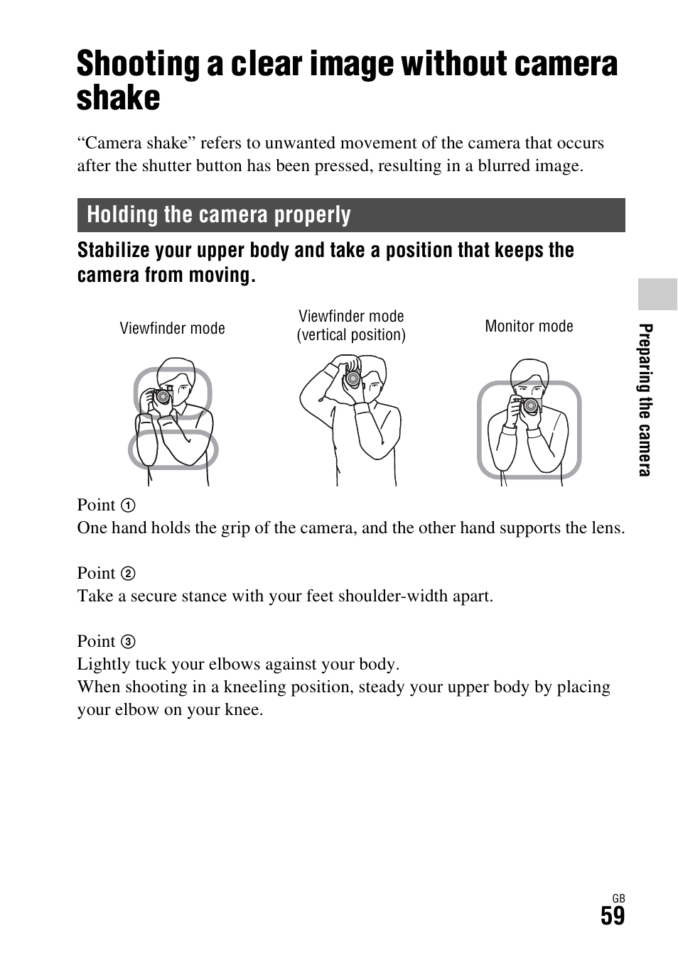 Shooting a clear image without camera shake, Holding the camera properly | Sony Battery and Travel DC Charger Kit with NP-BX1 Battery User Manual | Page 59 / 92