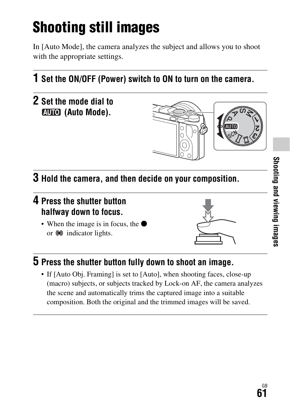 Shooting and viewing images, Shooting still images | Sony Battery and Travel DC Charger Kit with NP-BX1 Battery User Manual | Page 61 / 92